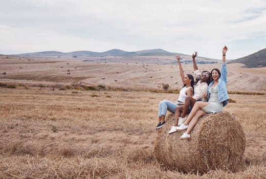 Friends, travel and adventure in countryside, holiday and freedom, women on hay field and fun with diversity. Happiness, young and care free, lifestyle and vacation on Argentina farm with mockup.