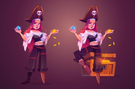 Girl pirate with treasure chest, woman captain