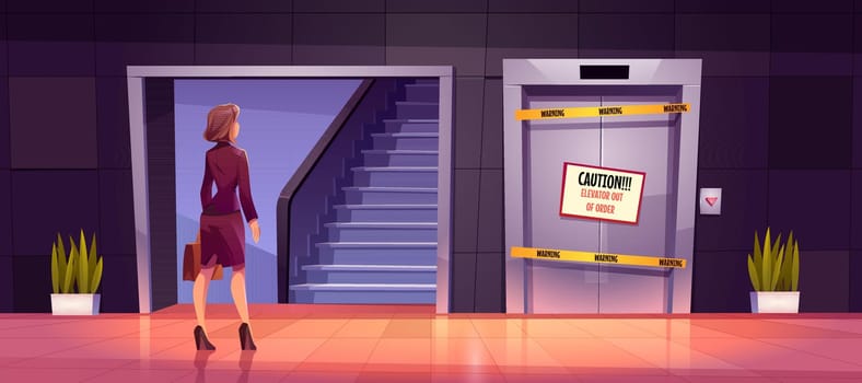 Businesswoman stand near ladder and broken lift