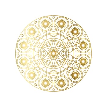 Golden abstract geometric mandala outline vector illustration. Psychedelic pattern isolated on white