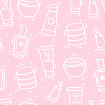 Cosmetics cream jars collection pink seamless pattern. Doodle sketch style. Vector Hand drawn cosmetics illustration