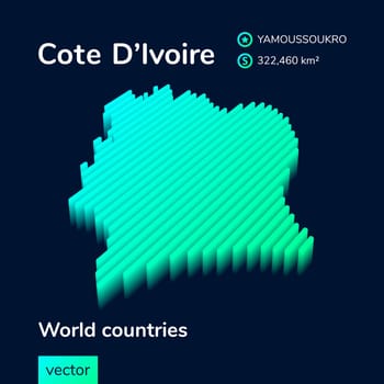 Stylized striped vector map of Cote D'Ivoire with 3d effect. Map of Cote D'Ivoire is in green and mint colors on the dark blue background