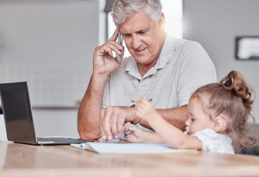 Phone call, senior man and girl at a table, working, remote and multitasking while drawing, bonding and checking email. Elderly businessman freelancing while enjoying a fun activity with grandchild