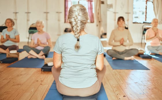 Yoga, personal trainer and senior women group for meditation, wellness and spiritual lifestyle with support, community and retirement. Fitness, pilates and cardio elderly people meditate with coach.