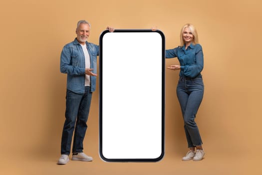Cheerful elderly man and woman showing nice mobile app, mockup