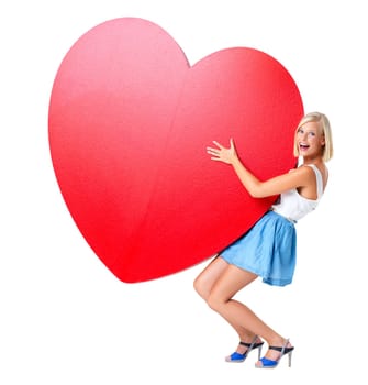 Love, emoji and portrait of woman with red heart in studio for valentines day, poster or board on an isolated white background. Hope, shape and girl model holding icon, billboard or message and sign.