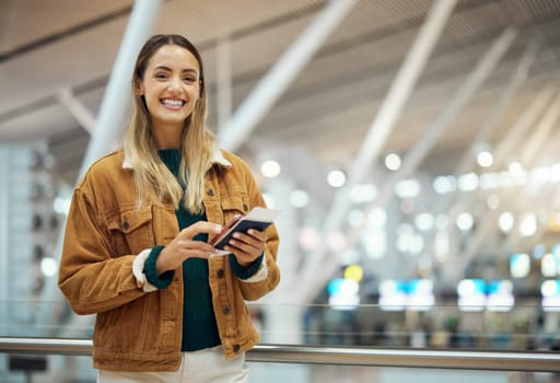 Portrait, passport and woman with phone in airport for social media, internet browsing or texting. Travel, immigration and happy female from Canada with smartphone and ticket for global traveling.