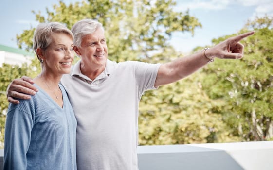 Senior couple, bonding or pointing on house balcony or home garden trees, backyard plant growth or Australian wild birdlife. Smile, happy or hug for retirement elderly man or woman and hand gesture