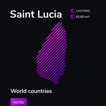 Map of Saint Lucia. Vector creative digital neon flat map with violet, purple, pink striped texture on black background. Educational banner, poster about Saint Lucia