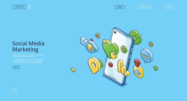 Social media marketing banner with isometric phone