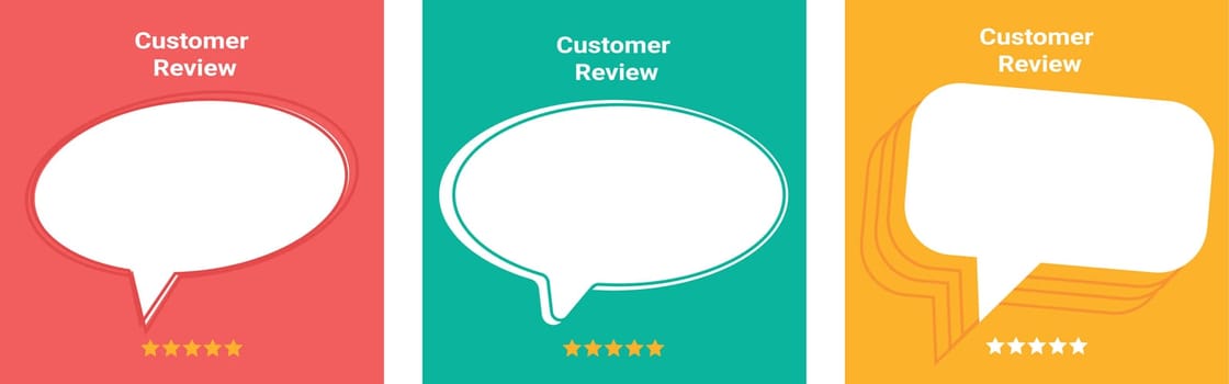 Customer review speech bubble quote template set. Speech bubbles with a blank space and five-stars rating. Feedback and communication concept. Vector illustration