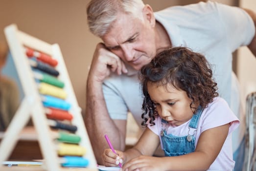 child, learning and father teaching with abacus together for development. Elderly man, grandparent or teacher with young student girl writing in book for education or study skills activity at home
