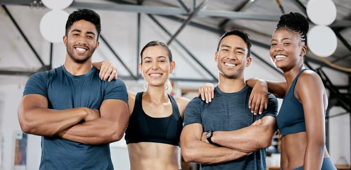 Fitness smile and portrait of friends in gym for teamwork, support and workout. Motivation, coaching and health with people training in sports center for cardio, endurance and wellness challenge.