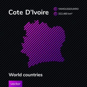 Vector flat map of Cote D'Ivoire in violet colora on the black striped background