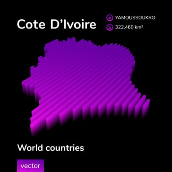 Cote D'Ivoire 3d map. Stylized striped vector map of Cote D'Ivoire is in violet and pink colors on black background.