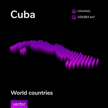 Cuba 3D map. Stylized striped vector isometric map of Cuba is in neon violett colors on black background