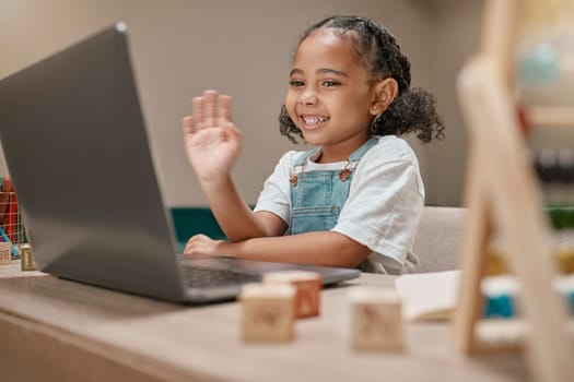 Child, waving or laptop video call for homeschool education, e learning support or lockdown class in house or home living room. Smile, happy or greeting hand gesture for student on technology webinar