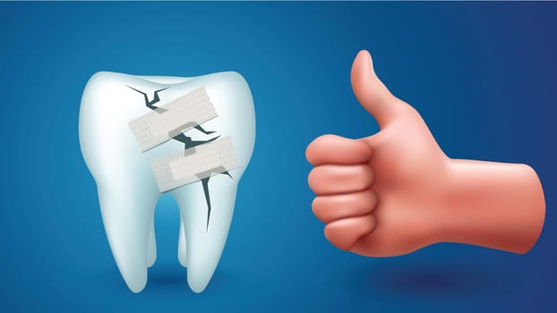 illustration of illness single tooth cured by adhesive plaster with male hand with thumb up on blue background