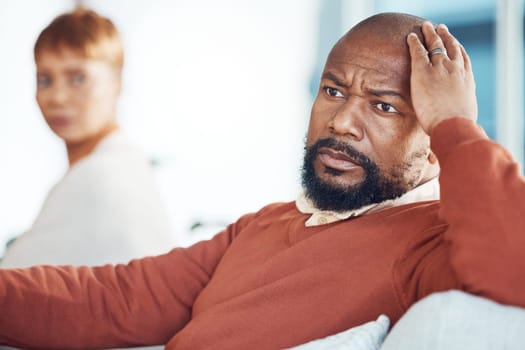 Black man ignore partner in couple fight, divorce and angry affair, stress and anxiety in marriage conflict, toxic relationship and problem. Husband feeling angry, frustrated and depressed with wife
