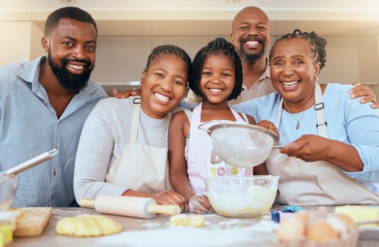 Happy black family portrait, baking or cooking education in kitchen for pizza, learning development or teaching kid in house. Hobby, bakery or happy family for love, support or breakfast at home