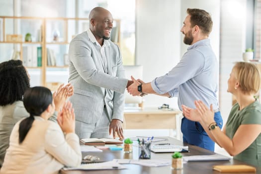 Applause, diversity acquisition handshake and business people celebrate investment, b2b contract deal or merger success. Client negotiation meeting, excited hand shake and group partnership agreement