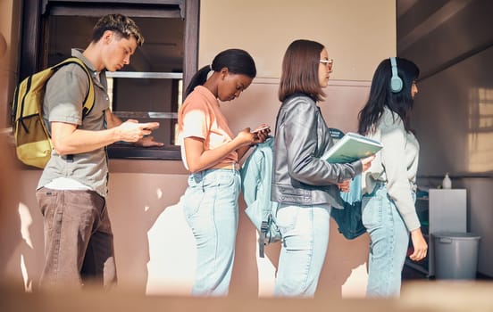 College, university or students waiting for registration or scholarship applications outside of classroom. Education, campus or school learners standing in a line for a test assessment or group exam