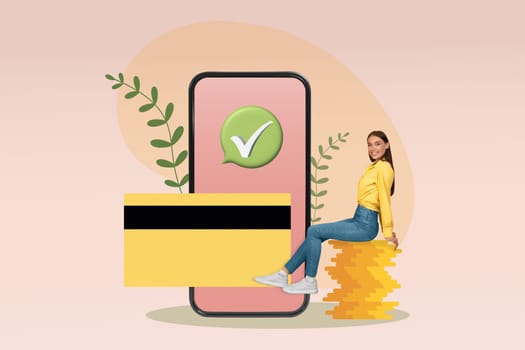 Online payment. Happy lady sitting near big cellphone and credit card over colorful studio background, creative collage