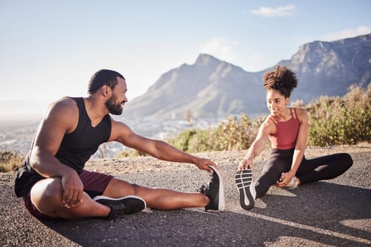 Fitness, exercise and black couple stretching legs outdoors on road for health or wellness. Training, sports and man and woman warm up before running, exercising or marathon workout on street outside.