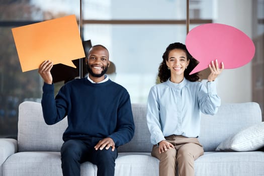 Marriage counseling, therapy or speech bubble with a black couple on a sofa in a psychologist office for talking. Portrait, communication or psychology with man and woman holding blank feedback space.