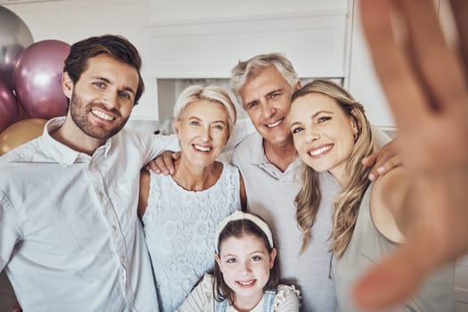 Birthday, party and family selfie in kitchen for happy memory, social media or profile picture. Love, portrait or girl, mother and father with grandparents taking pictures together to celebrate event