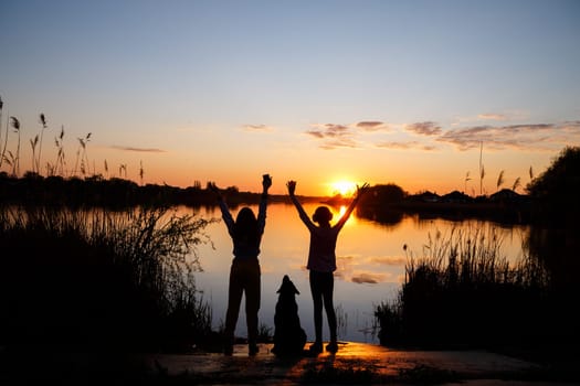 Silhouettes of girls with a dog at sunset on the lake, the sun sets behind the trees and beautiful reflections in the water