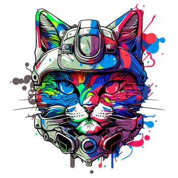 Psychedelic cat wearing a militaryl helmet. AI generated