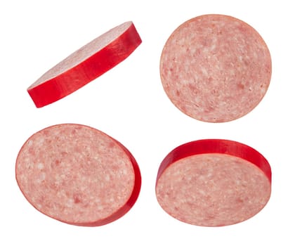 Salami sausage slices on a white isolated background. Salami slices from different sides. For inserting into a design, project, or for product packaging.