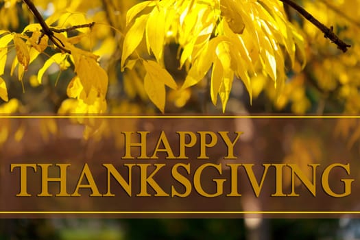 happy thanksgiving day text greeting against autumn leaves