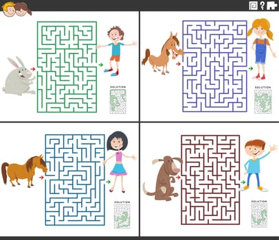 maze activities set with cartoon children and their animals