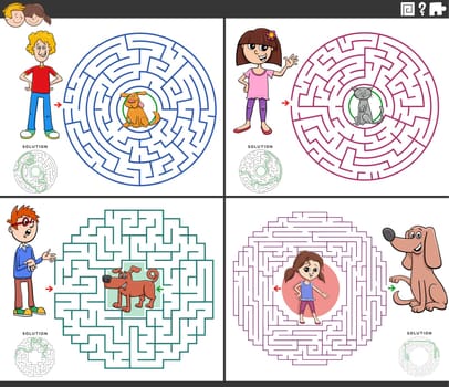 Cartoon illustration of educational maze puzzle games set with children and their pets