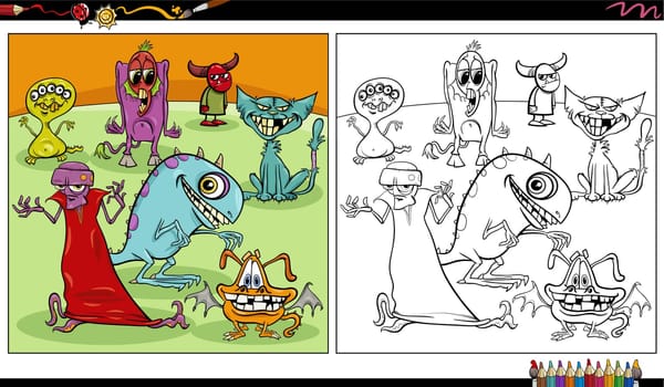 funny comic monsters or aliens characters group coloring page