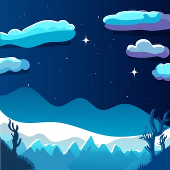 Landscape of a forest on a starry night cartoon style. Mountains and trees in the background. Vector illustration.