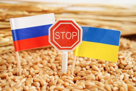 Ukraine and Russia flag on grain wheat, trade export and economy concept.