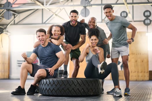 Fitness, gym and group of people portrait for workout teamwork, collaboration and motivation with power, energy and commitment. Excited, strong and sports people or friends with exercise goals