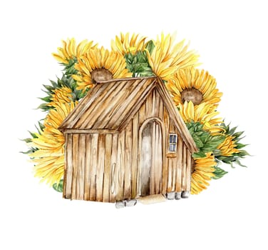 Watercolor wooden farmhouse and sunflowers composition. Hand drawn illustration of a farm. Perfect for wedding invitation, greetings card, posters.