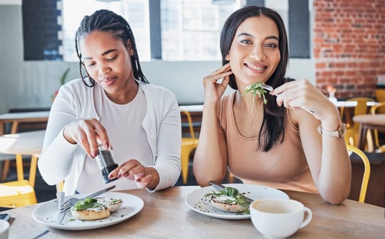 Food, friends and portrait of women in cafe eating together on lunch date on fun summer weekend. Friendship, social and hungry people, woman and girl friend in restaurant or coffee shop with sandwich