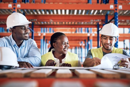 Architect, team and blueprint documents for construction, strategy or engineer planning on site. Happy group of contractors smiling in teamwork for industrial architecture, building or project plan