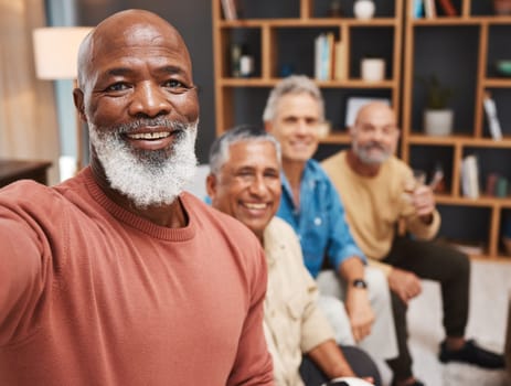 Senior, selfie and smile of black man with friends in house, having fun and bonding together. Portrait, retirement and face of happy and elderly group of men taking pictures or social media photo.