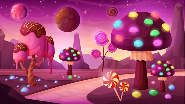 Candy fantasy planet, magic neon background, cosmic landscape with fairy tale plants