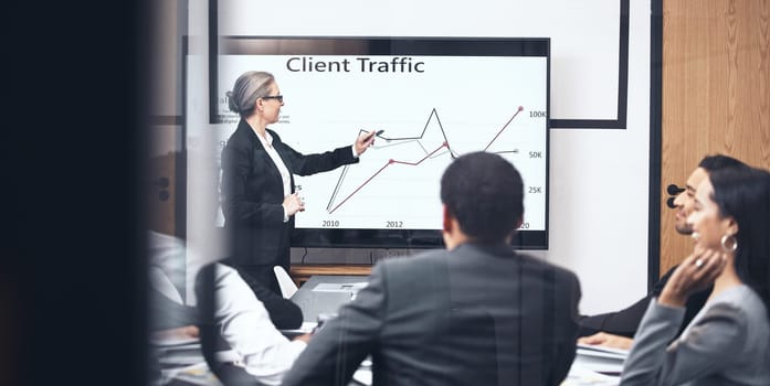 Business woman, screen and team presentation for marketing strategy, meeting or coaching at office. Female person, CEO or coach training staff on technology display, graph or chart data at workplace