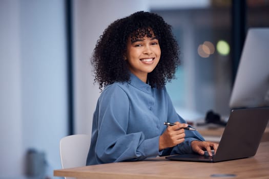 Happy, working and portrait of a black woman on a laptop for email, connection and internet. Business, smile and employee typing on a computer for online work, project and freelancing in office