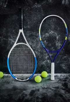 Were just hanging out. Studio shot of tennis essentials placed against a dark background inside of a studio.