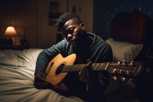 Male African 20s playing guitar in bedroom activity music. Generative AI AIG23.