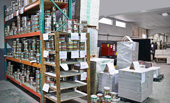 Inside the printing industry. the inside of a packaging and distribution factory.